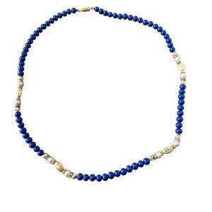 Vintage Blue  Beaded Necklace With Gold beads & Pearls